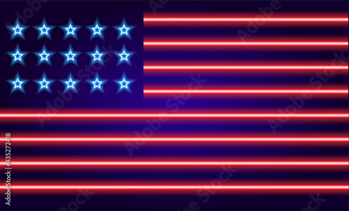 vector illustration of the neon sign of the US flag. glowing neon American flag with red stripes and blue stars on a dark blue background for the July 4th Independence Day design template. symbol of p