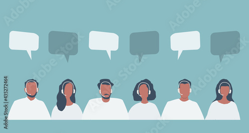 Web banner of call center workers. Support service icons. Young men and women in headphones are sitting at the desk on a blue background. People icons. Funky flat style. Vector illustration.