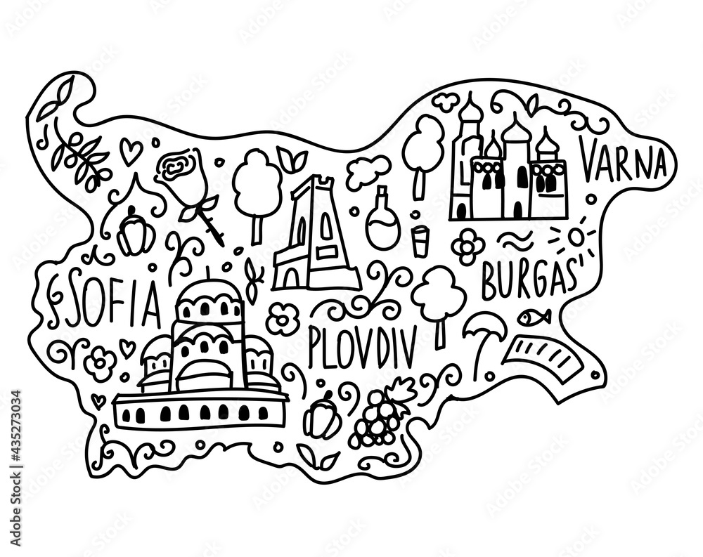 Fototapeta premium Illustrated doodle map of Bulgaria. Famous landmarks temple, cathedral, rose, rakia and monument Shipka. Hand drawn black lines.