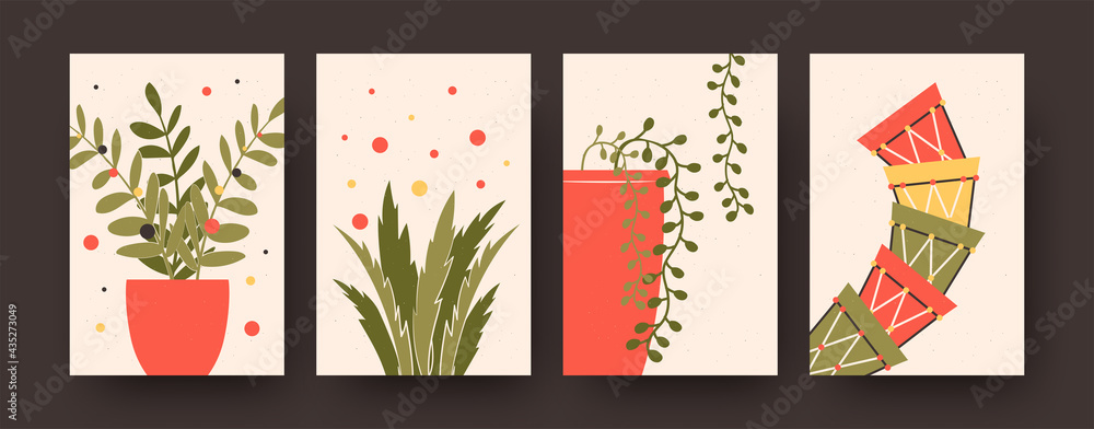 Set of contemporary posters with flowerpots and plants. Pots for flowers, leaves vector illustrations in pastel colors. Houseplants concept for kitchen or living room designs, social media, postcards