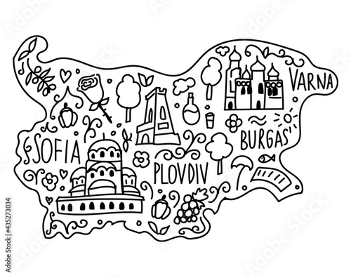 Illustrated doodle map of Bulgaria. Famous landmarks temple, cathedral, rose, rakia and monument Shipka. Hand drawn black lines.