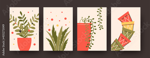 Set of contemporary posters with flowerpots and plants. Pots for flowers, leaves vector illustrations in pastel colors. Houseplants concept for kitchen or living room designs, social media, postcards