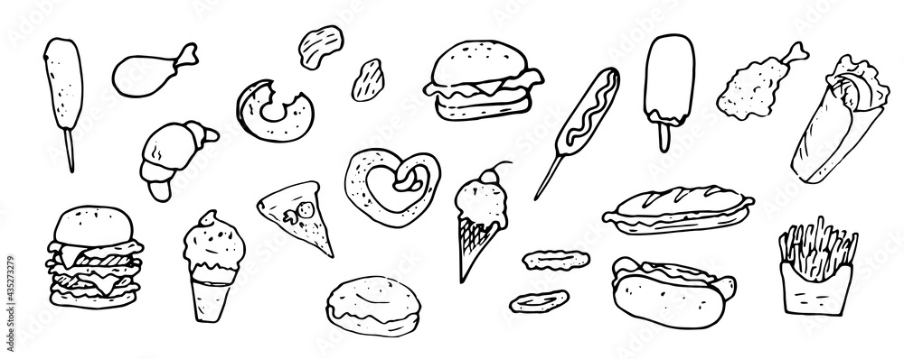 vector set of isolated fast food elements. hand-drawn doodle-style hamburger, hot dog, chicken leg, ice cream, donut and french fries and pizza. black street food outline for design template