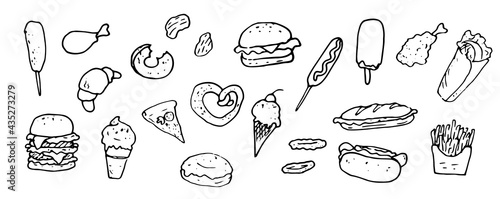 vector set of isolated fast food elements. hand-drawn doodle-style hamburger, hot dog, chicken leg, ice cream, donut and french fries and pizza. black street food outline for design template