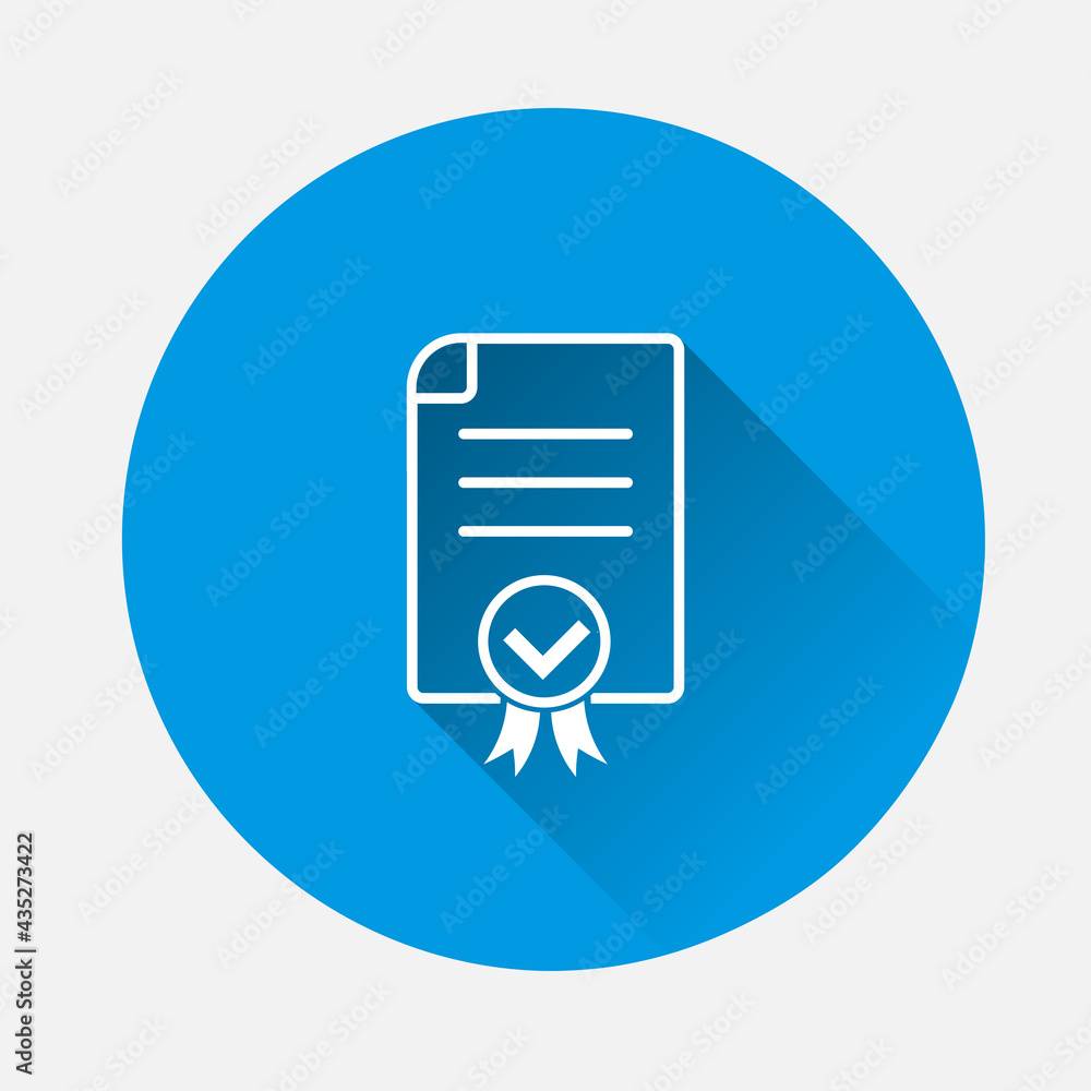 Approve certificate icon on blue background. Flat image with long shadow. Approve certificate icon on blue background. Flat image with long shadow.