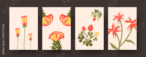 Set of abstract botanical design elements in pastel colors. Decorative flowers and ripe red berries on beige background. Flowers and blossom concept for banners, website design or background