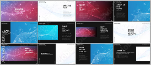 Presentation design vector templates, multipurpose template for presentation slide, flyer, brochure cover design, infographic report. Polygonal science background with connecting dots and lines.