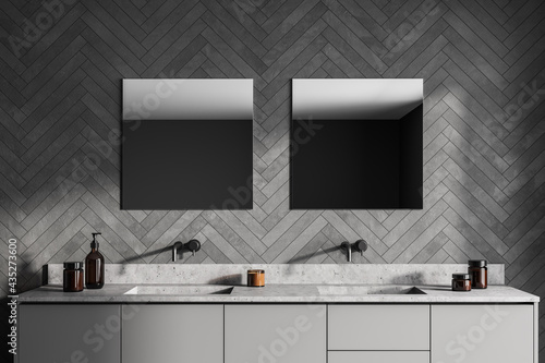 Spacious modern bathroom design interior in gray tones double sink vanity with square mirrors. Window light. © ImageFlow