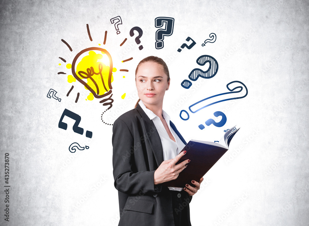 Businesswoman with notebook in hands, question marks and light bulb sketch Businesswoman with notebook in hands, question marks and light bulb sketch