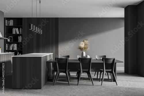 Modern design kitchen living room interior. dining table with six chairs  Panoramic windows. 3d rendering.