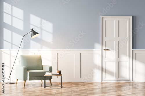 Empty living room interior with armchair, wooden floor. Concept of cozy meeting reading place. 3d rendering