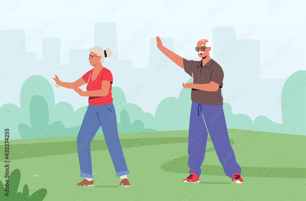 Senior Male and Female Characters Exercising at City Park. Outdoor Tai Chi Classes for Elderly People. Healthy Lifestyle Senior Male and Female Characters Exercising at City Park. Outdoor Tai Chi Classes for Elderly People. Healthy Lifestyle