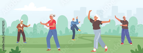 Seniors Exercising Outdoors Making Tai Chi for Healthy Body  Flexibility and Wellness. Pensioners Morning Workout