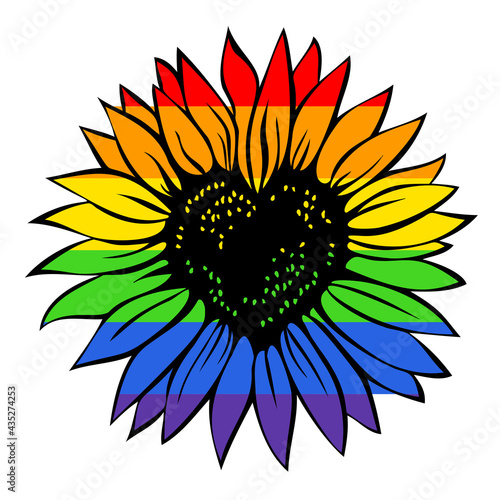 Heart shaped sunflower in the colors of rainbow flag, vector illustration isolated on white background