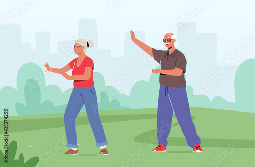 Senior Male and Female Characters Exercising at City Park. Outdoor Tai Chi Classes for Elderly People. Healthy Lifestyle