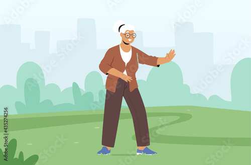 Senior Character Exercising Outdoors Making Tai Chi Exercises. Elderly Lady Flexibility and Wellness Healthy Lifestyle