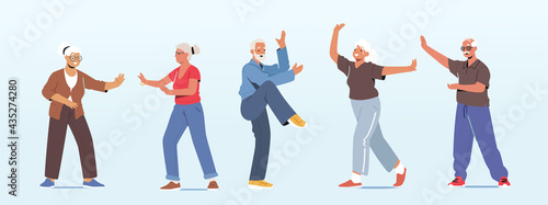 Set Seniors Make Tai Chi Exercising Outdoors. Pensioners Morning Workout at City Park, Group Classes for Elderly People