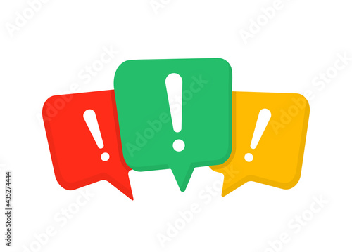 Exclamation mark with color speech bubbles isolated on white background. Message box with exclamation point. Vector illustration. EPS 10