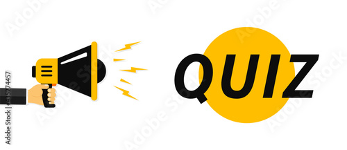Quiz. Mens hands holding a megaphone with Quiz speech bubble. Megaphone banner. Speaker. Loudspeaker. Banner for business, marketing and advertising. Vector. EPS 10