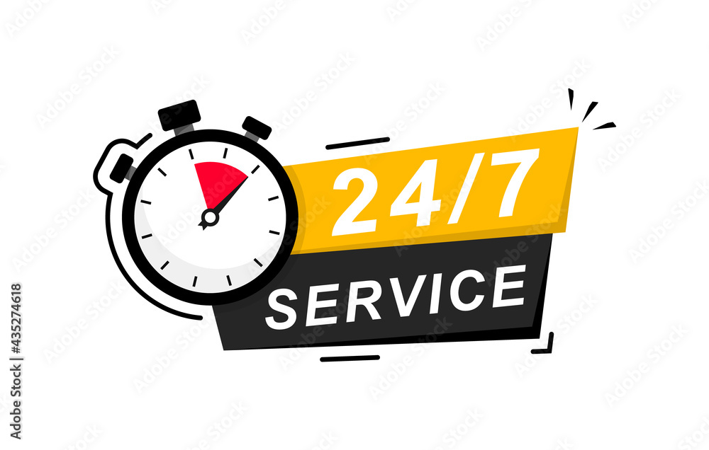 24-7 service. 24 hours a day and 7 days a week service icon. Support service concept with stopwatch and numbers 24-7. Logo. Vector Illustration 24-7 service. 24 hours a day and 7 days a week service icon. Support service concept with stopwatch and numbers 24-7. Logo. Vector Illustration