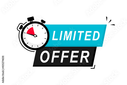 Limited offer icon with time countdown. Modern vector banner ribbon limited offer with stop watch. Super promo label with alarm clock and word. Offer sale or exclusive deal concept. Vector