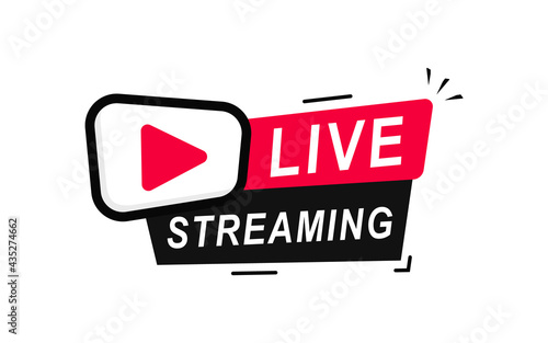 Live Stream sign. Live broadcast button for blog, player, broadcast, website, online radio, media labels. Live streaming element for broadcasting or online tv stream. Live stream icon with play button