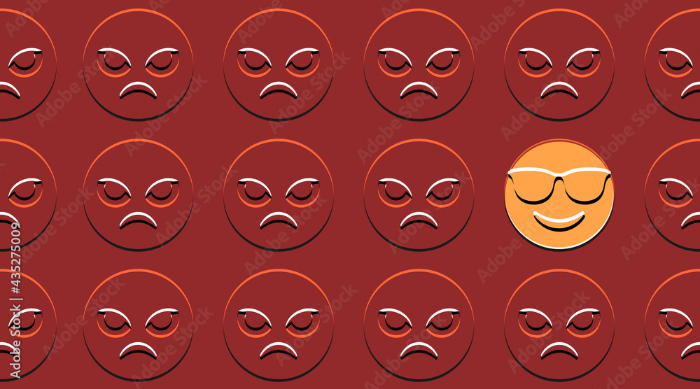 emoji concept pattern engraving effect,with angry faces and one smiling face with sunglasses,vector illustration emoji concept pattern engraving effect,with angry faces and one smiling face with sunglasses,vector illustration