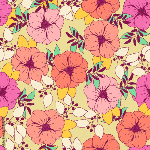 Beautifull tropical flowers and leaves seamless pattern design