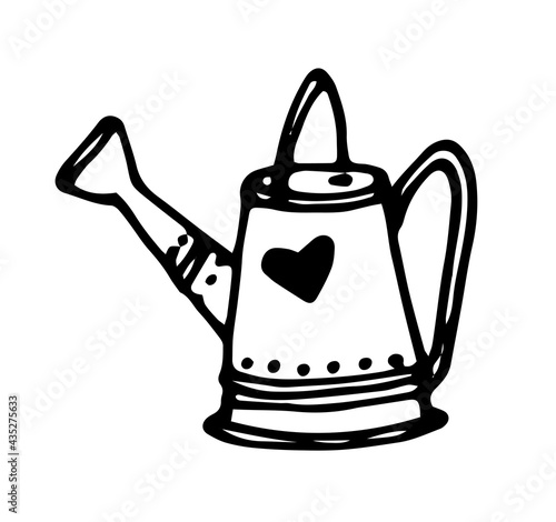 Vector illustration of a watering can. hand-drawn doodle-style garden watering can tool, with a spout and two handles on the side and top with a pattern of dots and a heart, a black line on a white ba
