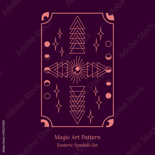 Pattern of drawings for tarot cards. Opening of third eye of soul, phases of moon, celestial spheres, stars. Set of magic items, crystals, shards of glass. Vector illustration for esoteric design