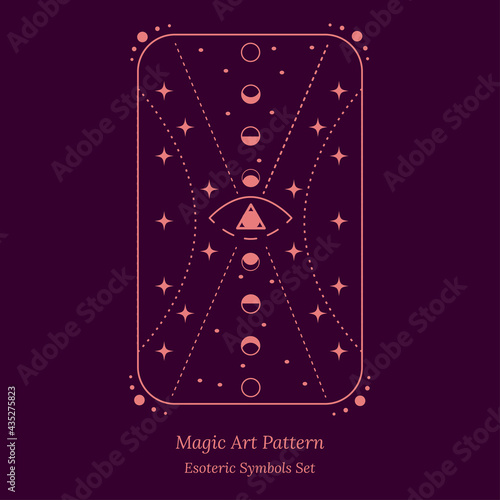 Pattern of drawings for tarot cards. Opening of third eye of soul, phases of moon, celestial spheres, stars. Set of magic items. Vector illustration for esoteric design