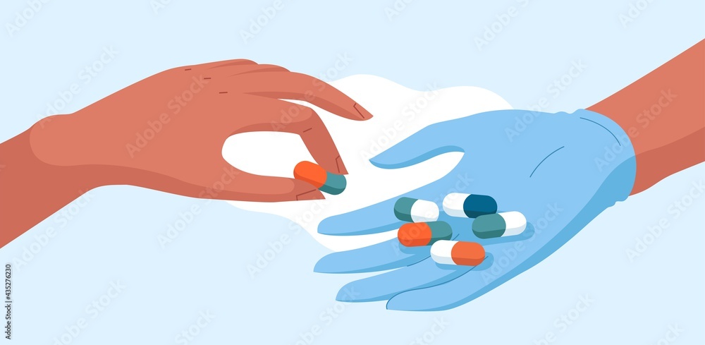 Medical concept vector stock illustration for pharmacy, healthcare and medicine. A doctor or nurse with gloves gives a pill to a patient as a therapy, placebo, treatment or cure. Medical concept vector stock illustration for pharmacy, healthcare and medicine. A doctor or nurse with gloves gives a pill to a patient as a therapy, placebo, treatment or cure.