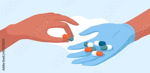 Medical concept vector stock illustration for pharmacy, healthcare and medicine. A doctor or nurse with gloves gives a pill to a patient as a therapy, placebo, treatment or cure.