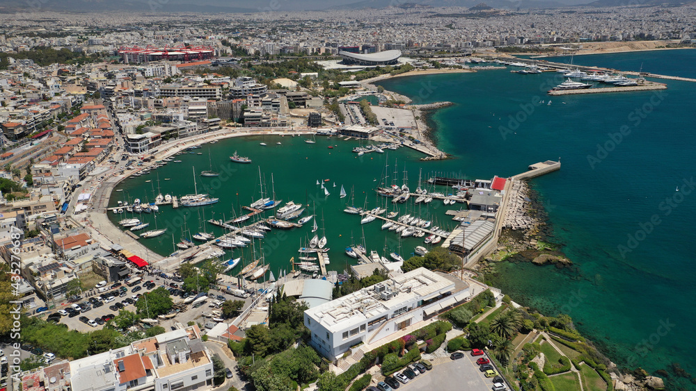Aerial drone photo of beautiful round port of Mikrolimano or small port in the heart of Piraeus, Attica, Greece