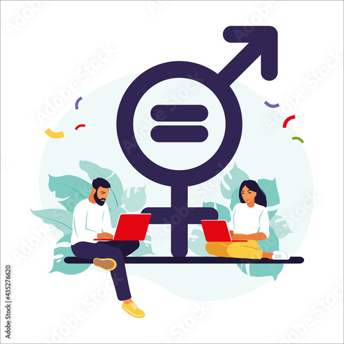 Gender equality concept. Men and women character on the scales for gender equality. Vector illustration. Flat.