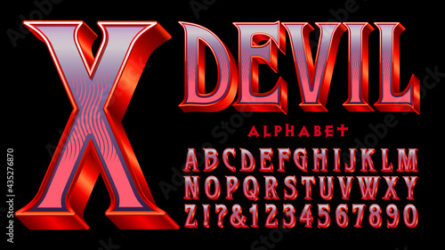 Devil alphabet: A red and purple serif font with 3d and shiny gradient effects. Appropriate for Halloween, Goth, Satanic themes, costume packaging, movie and game graphics, etc.