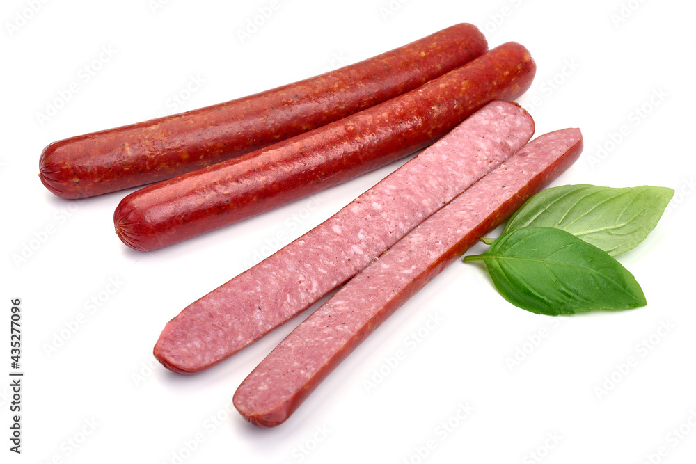 Smoked Hot dog sausages on a white background Smoked Hot dog sausages on a white background