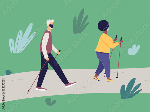 Elderly fit man and african woman engaged in Nordic walking with sticks on path in park. Old athletic male and plump fashionable black female walk on foot in the open air.Healthy lifestyle.Vector