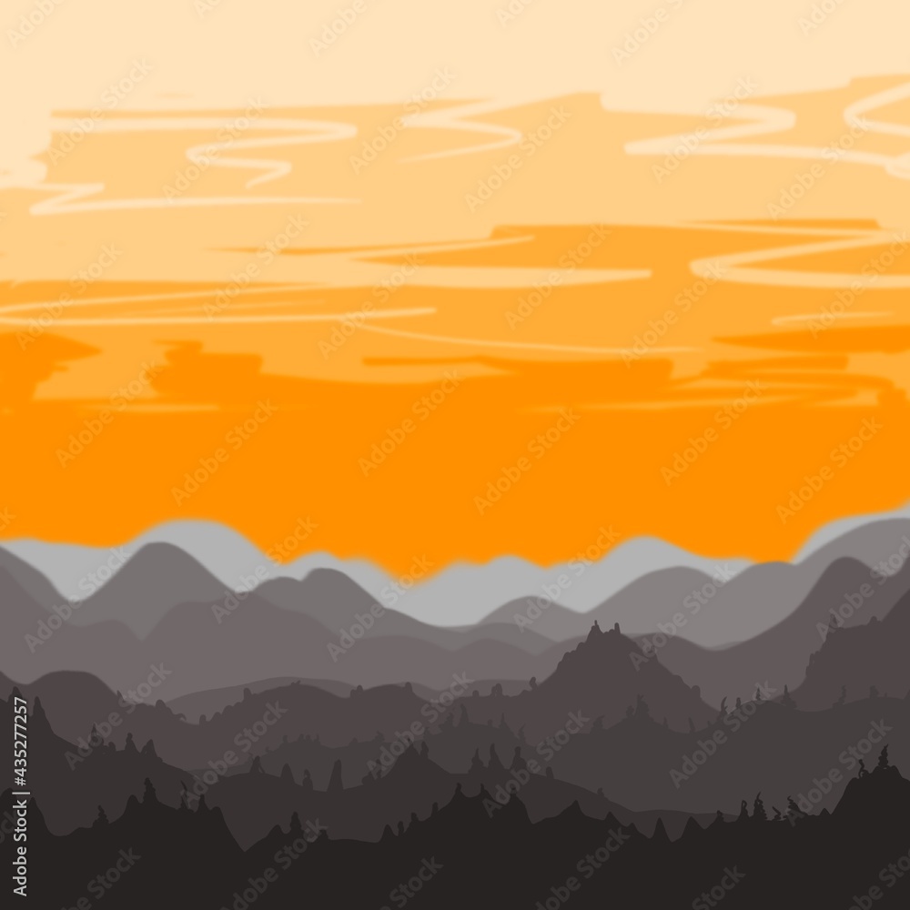 orange beautiful sunset overlooking gray mountains illustration for decoration 