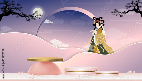 Mid Autumn with fairy Chang'e,The Chinese Goddess of the Moon with rabbit jade,Vector 3D Podium in pink gold Cylinder Stand on marble floor.Background banner for traditional celebration in East Asian
