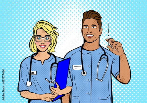 Doctors with vaccine in pop art style. Background in comic style retro pop art. Illustration for print advertising and web.	