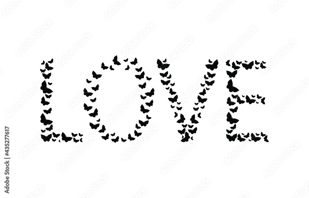 The word love made from silhouettes of butterflies. Vector EPS 10.