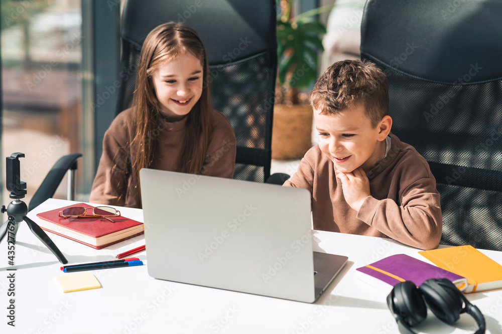 Little boy and girl study online in home at the laptop Little boy and girl study online in home at the laptop