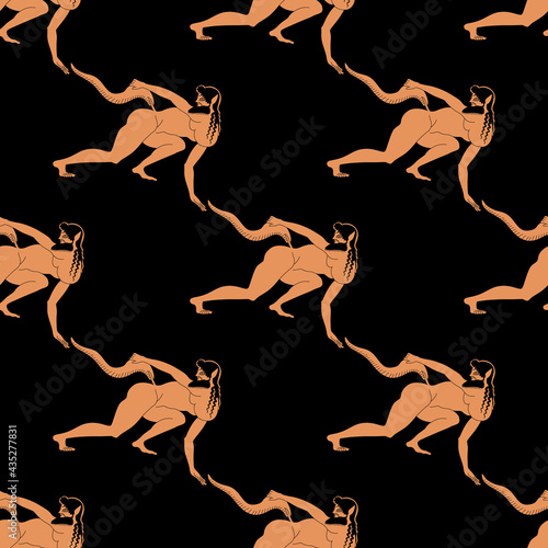 Seamless ethnic pattern with ancient Greek satyrs. Vase painting style. On black background.