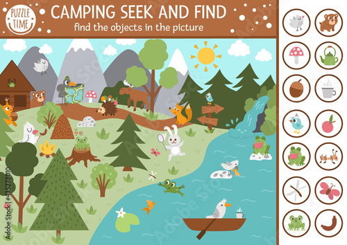 Vector camping searching game with cute animals in the forest. Spot hidden objects in the picture. Simple seek and find summer camp or woodland educational printable activity for kids.