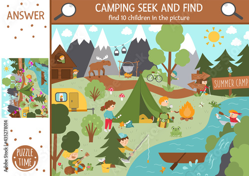 Vector camping searching game with cute children in the forest. Spot hidden kids in the picture. Simple seek and find summer camp or woodland educational printable activity. Outdoor family quiz.