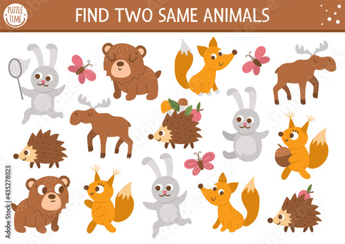 Fototapeta Naklejka Na Ścianę i Meble -  Find two same animals. Forest matching activity for children. Funny woodland educational logical quiz worksheet for kids. Simple printable game with cute bear, squirrel, rabbit, fox, moose, hedgehog..