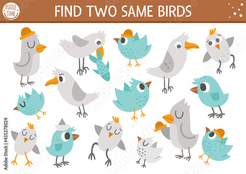 Find two same birds. Forest matching activity for children. Funny woodland educational logical quiz worksheet for kids. Simple printable seek and find game with cute animals..