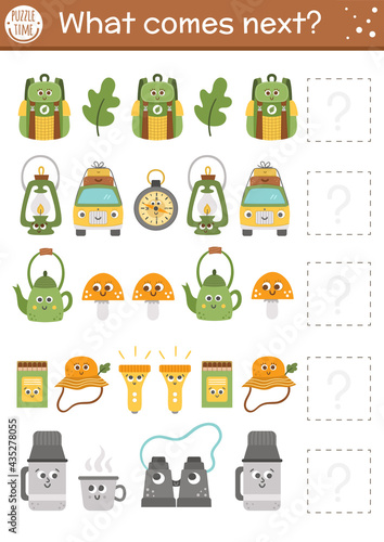 What comes next. Summer camp matching activity for preschool children with smiling kawaii camping equipment. Funny educational puzzle. Logical worksheet. Outdoor trip continue the row game..