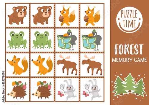 Vector forest memory game cards with cute animals. Woodland matching activity. Remember and find correct card. Simple wildlife printable worksheet for kids with bear, squirrel, moose, rabbit. .